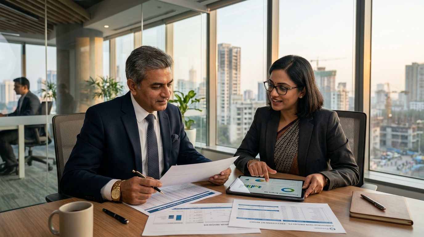 Indian construction business owner reviewing procurement and credit documents